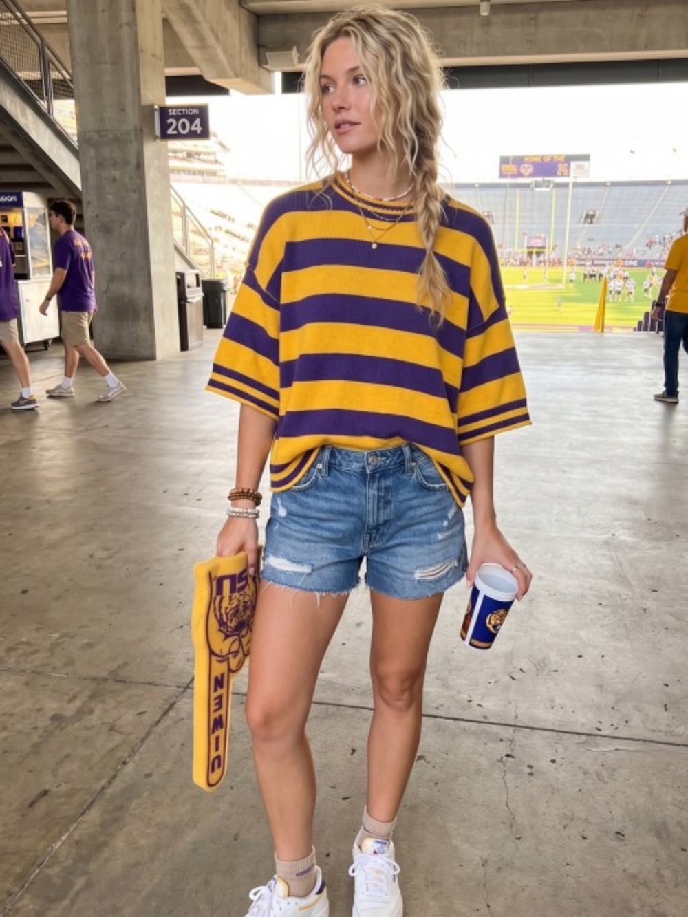 054. Gold/purple striped boxy short sleeve sweater